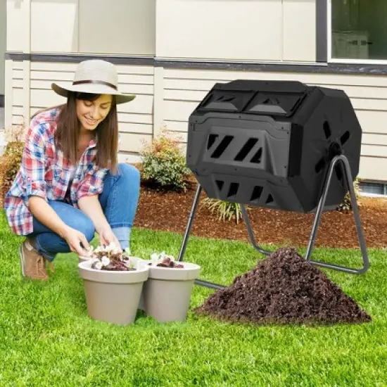 Costway 42-Gal Compost Bin Dual Chamber Composting Tumbler with 2 Sliding Doors Metal Frame Black/Green image {3}