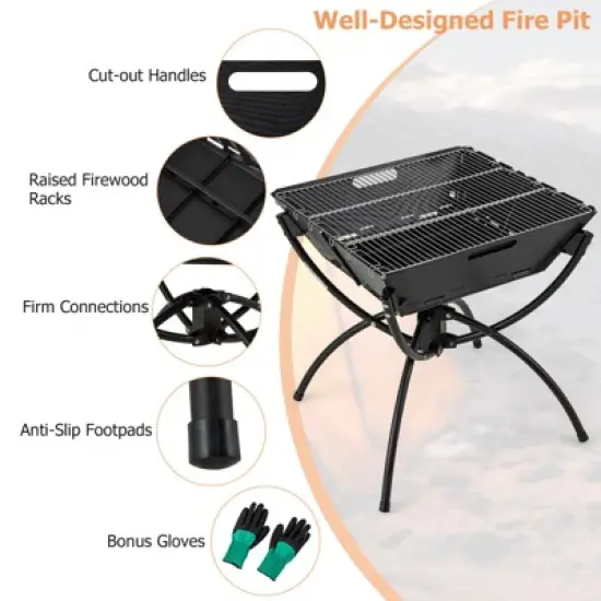 Tangkula Camping Fire Pit w/Cooking Grills Portable Campfire Grill w/ Carrying Bag & Gloves 3-In-1 Stainless Steel Wood Burning Coffee/Silver image {6}