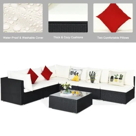 Costway 7PCS Patio Rattan Furniture Set Sectional Sofas Off White & Navy Cushion Covers image {3}