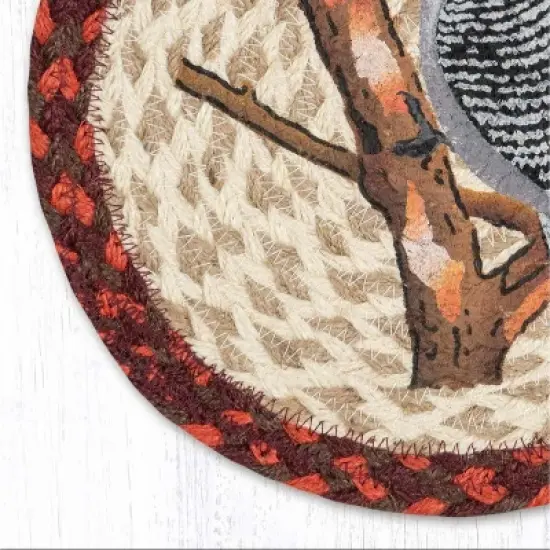 Earth Rugs Eco-Friendly Bird Decor &ndash; Round Braided Jute Trivet with Hand-Stenciled Woodpecker image {2}