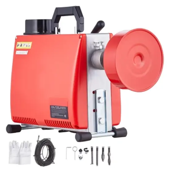 VEVOR 66FT x 5/8 Inch Drain Cleaner Machine, 250W Electric Sewer Snake Auger Manual Feed - with 7 Cutters, 2 Steel Cables, Red image {8}