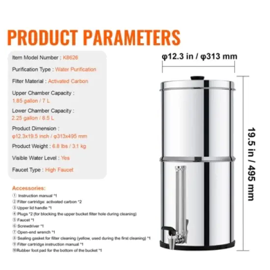 VEVOR Gravity-fed Water Filter System, 2.25G 304 Stainless-Steel Countertop System, Water Filtration System, Reduces Lead and up to 99% image {7}