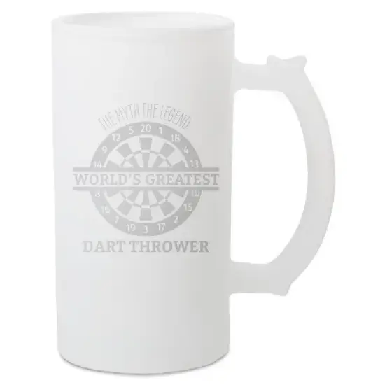 100 North Freezable 16 Ounce White Matte Frosted Glass Craft Drinking Stein Beer Mug With Thumb Grip Handle, The Myth The Legend World's Greatest Dart image {1}
