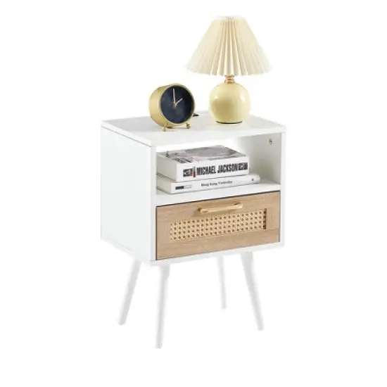 Mid-Century Modern Nightstand,15.75" Rattan Night Stands with Power Outlet & USB Ports,Drawer Solid Wood Legs, Bedroom Night Stand image {1}