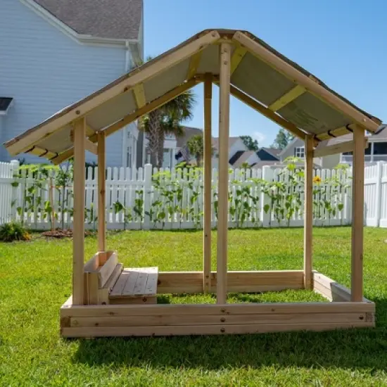 Funphix Dig n&rsquo; Play Wooden Sandbox Playhouse with Bench & Flower Planter, Outdoor Sand Pit for Kids image {2}