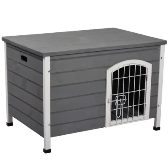 PawHut 31"L Wooden Decorative Dog Cage Kennel Wire Door with Lock Small Animal House with Openable Top Removable Bottom Gray image {7}