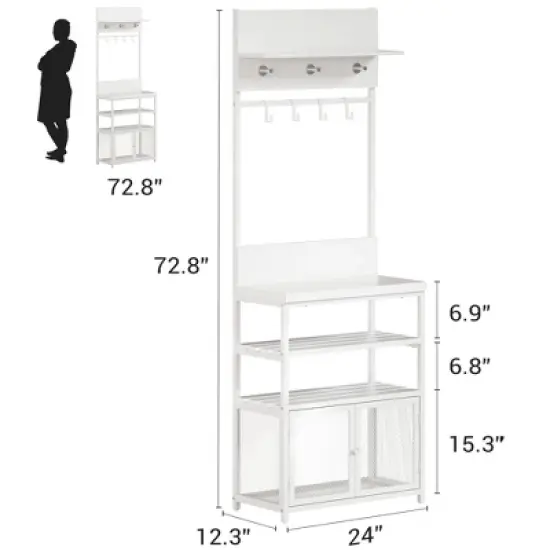 Coat Rack Shoe Storage White Hall Tree with Doors 72.8in Narrow Coat Tree Shoe Shelf Organizer with 7 Hooks image {3}