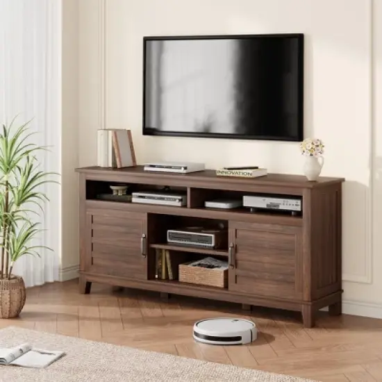 65" TV Stand Entertainment Center with Adjustable Shelves & 8 Storage Compartments, Semi-Open Double Door Cabinet for Living Room, Bedroom image {3}