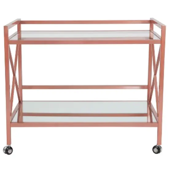 Merrick Lane Rolling Bar Cart Contemporary Kitchen Serving Cart with Mirrored Bottom Shelf and Crisscross Rose Gold Metal Frame image {4}
