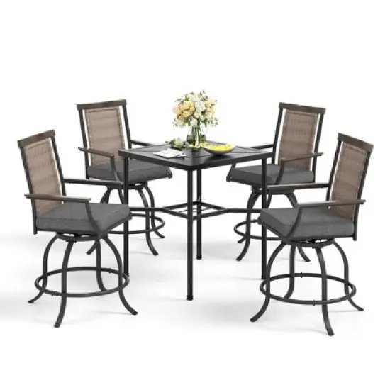 Captiva Designs 5pc Outdoor Patio Metal Bar Height Table & Bar Swivel Chair with Cushion and Armrest image {1}