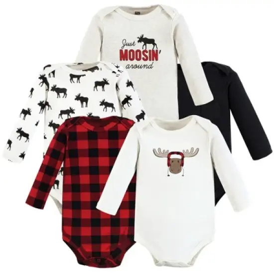 Hudson Baby Infant Boy Cotton Long-Sleeve Bodysuits, Winter Moose 5-Pack image {7}