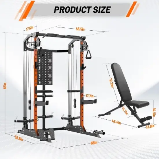 Power Cage, Multi Function 2000LB Squat Rack with Dual Pulley Cable Crossover System, Free Weight Home Equipment with Bench and Attachment Orange image {3}