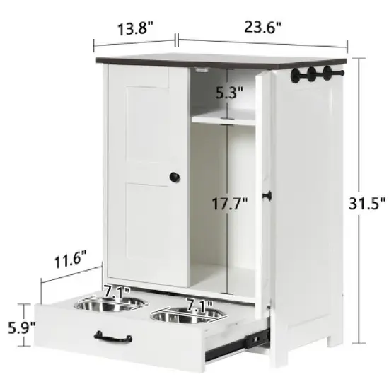 White Hidden Dog Feeding Station, Pull-Out Dog Bowl Cabinet with 2 Hidden Bowls & Adjustable Panel, for Medium-Sized Dogs &ndash; Cuddlewood image {3}