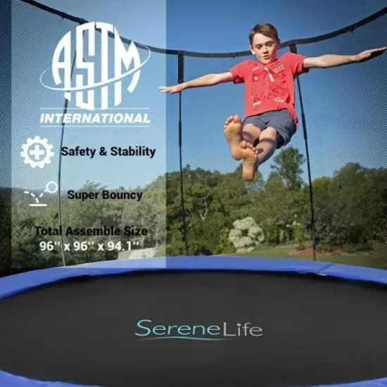 SereneLife 8ft Outdoor Jumping Trampoline with Safety Net Enclosure SLTRA8BL - Large Jumping Surface image {1}