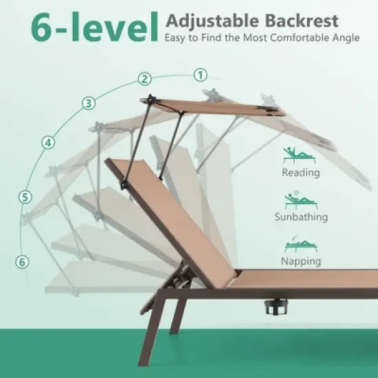 Costway 2 PCS Outdoor Chaise Lounge Chair with Sunshade 6-Level Adjustable Recliner image {4}