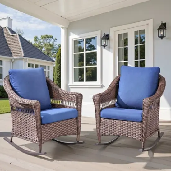 Patio Furniture Set 3 Pieces, Wicker Rocking Bistro Set with Thick Cushions, Outdoor Rocker Chairs and Coffee Table for Porch, Backyard or Garden image {5}