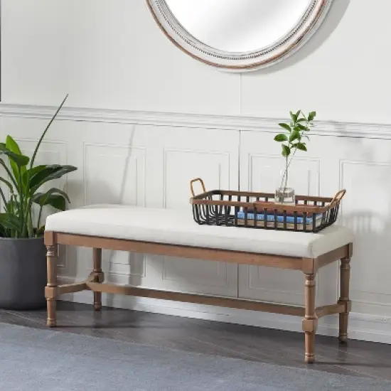 Traditional Linen Upholstered Wood Bench - Olivia & May image {5}