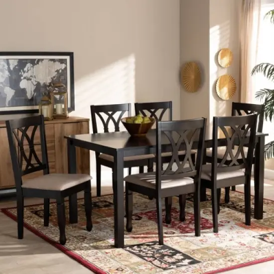 7pc Reneau Upholstered Wood Dining Set Sand Brown/Espresso - Baxton Studio image {5}