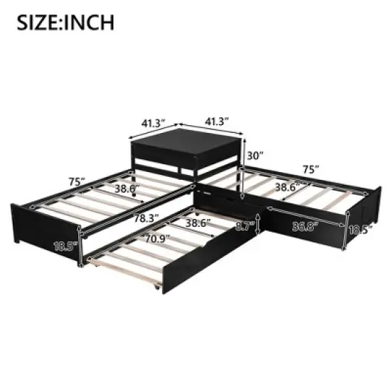 Twin Size Wood Platform Bed Frame, Triple Bed with Twin Trundle Bed, Drawers and Built-in Desk -ModernLuxe image {3}