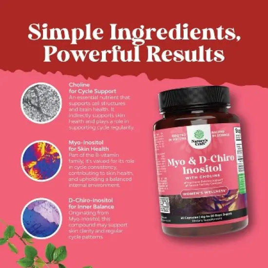 Myo & D-Chiro Inositol Capsules, Choline Inositol Supplement for Cycle & Fertility Support, Womens Hormone Balance Supplement, Nature's Craft, 120ct image {3}