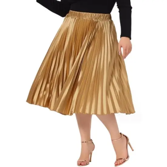 Agnes Orinda Women's Plus Size Pleated Stretched High Waist Premium Metallic Shiny Midi Skirts image {5}