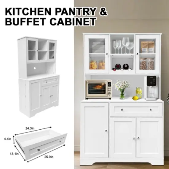 Kitchen Pantry Storage Cabinet, Modern Tall Buffet with Microwave Stand & Hutch,Freestanding Coffee Bar Cabinet with 14 Shelves and Drawer image {3}