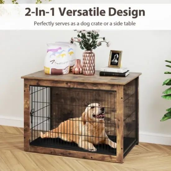 Costway 39&rdquo; Dog Kennel w/ Chew-Resistant Metal Frame & Soft Mat Double Doors Dog Crate End Table image {4}
