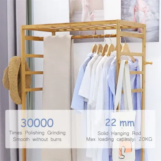 Artloge Heavy Duty Freestanding Bamboo Clothes Rail Shelf Rolling Garment Closet Wooden  Organizer Stand with 3 Tier Storage Shelf & Lockable Wheels image {5}