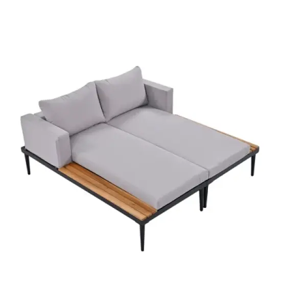 FIONECA Modern Outdoor Patio Daybed with Cushions, Metal Frame & Wood-Topped Side Tables, Convertible 2-in-1 Chaise Lounges, Gray image {7}
