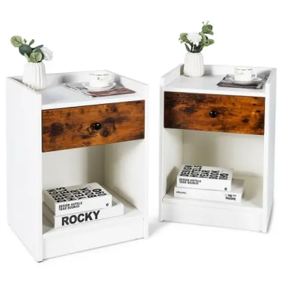 Costway Set of 2 Nightstand with Drawer Cabinet End Side Table Raised Top image {12}