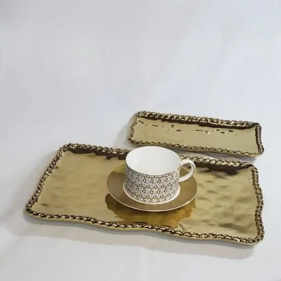 Gold Ceramic Serving Tray with Rope Accent Rim  14.25" image {2}