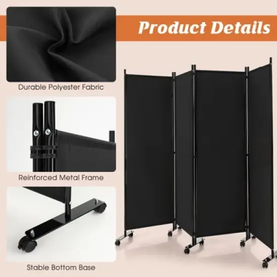 Costway 4-Panel Folding Room Divider 6FT Rolling Privacy Screen with Lockable Wheels Black/Brown/Grey/White image {8}