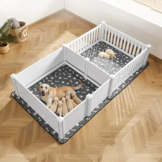 VEVOR Dogs Whelping Box, 93.3x48.4x18.1 inch, Plastic PVC Puppies Playpen with Height Adjustable Door and Washable Pee Pad, Milk White image {1}