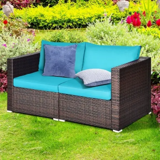 Tangkula 4PCS Rattan Corner Sofa Set Patio Outdoor Furniture Set w/ Blue Cushions image {2}