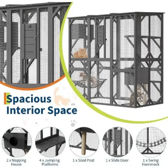 Acekool 70" Walk-In Wooden Outdoor Cat Enclosure with 4 Platforms, 2 Cat Houses, Hammock, Window Passage, 68" x 36.4" x 70" image {3}