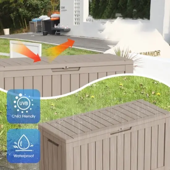 Syemin Deck Box, 100GAL Outdoor Storage Box, Patio Gardening Tools, Water and UV Resistant for Patio, Garden, Lawn, Brown, 46.26"*18.7"*23.23" image {3}