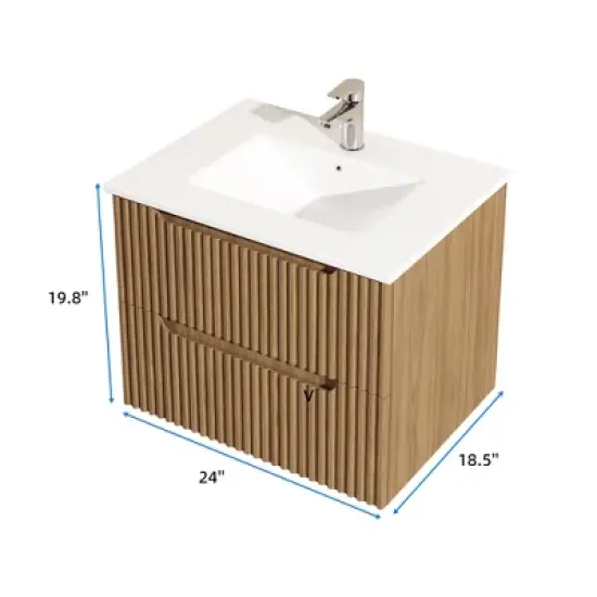 Wooakway 24" Walnut Floating Wall Mount Bathroom Vanity with White Sink image {7}