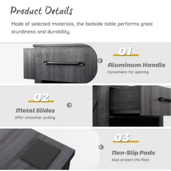 Costway 2PCS Nightstand with Drawer and Shelf Rustic Wooden Bedside Table Bedroom Brown / Natural / Black image {6}