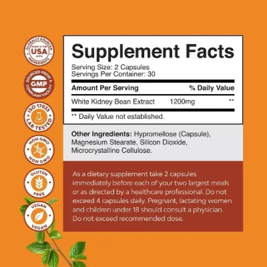 White Kidney Bean Extract Capsules, Supplement for Weight Loss & Reduce Calories, Glucose Support & Carb Control Supplements, Nature's Craft, 60ct image {2}