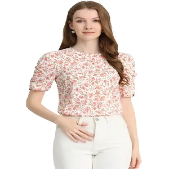 Allegra K Women's Floral Crew Neck Summer Casual Shirred Short Sleeve Blouse image {18}