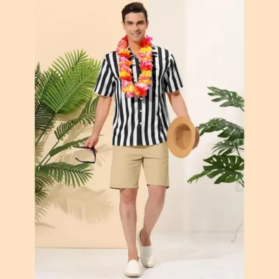 Lars Amadeus Men's Summer Vertical Striped Shirt Short Sleeves Button Up Color Block Stripe Shirt image {2}