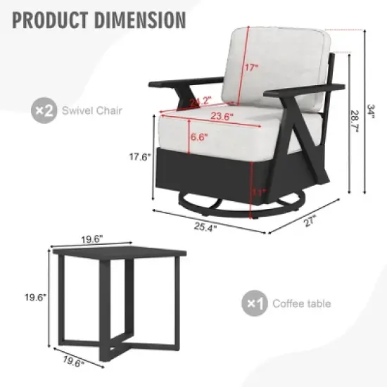 YARDSIGHT 3-Piece Outdoor Patio Swivel Chair Set with 2 Armchairs & Side Table, Weather-Resistant Furniture for Balcony, Porch, Deck image {3}
