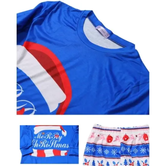 cheibear Christmas Cute Letters Print Long Sleeve Tee with Pants Loungewear Family Pajama Sets Blue image {3}