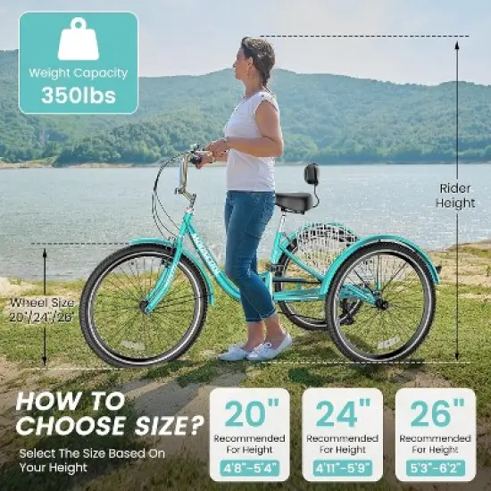 DoCred Trikes, 24 Inch 7 Speed Tricycles, Three Wheel Bikes with Basket image {4}