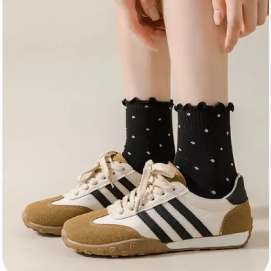 Anna-Kaci Women's Polka Dot Ankle Socks Set Soft Cotton Blend Ruffle Trim Cuff Multiple Color Combos 5 Pairs image {2}