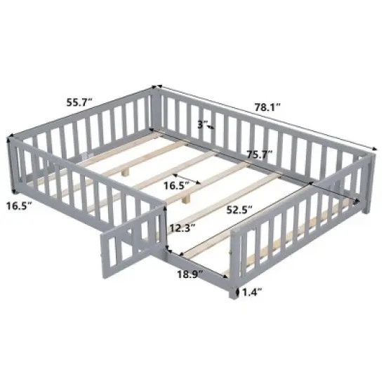 Toddler Floor Bed,Full Size Floor Bed with Safety Fence Guardrails and Slats, Wooden Floor Bed Frame with Door, No Box Spring Needed image {1}