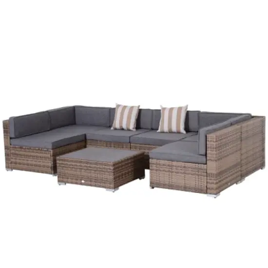 Outsunny 7-Piece Patio Furniture Sets Outdoor Wicker Conversation Sets All Weather PE Rattan Sectional sofa set with Cushions & Slat Plastic Wood Table image {8}