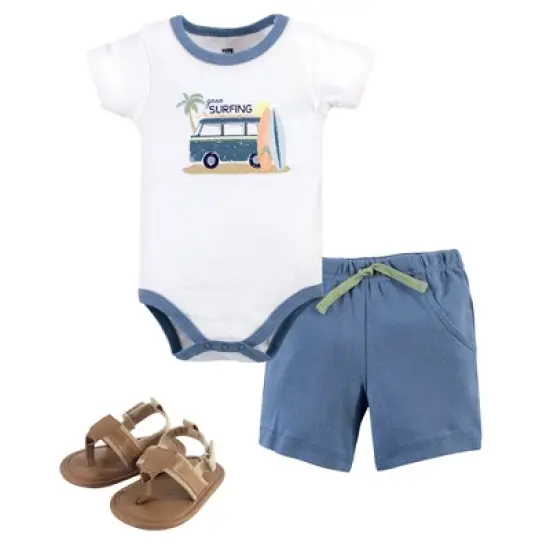 Hudson Baby Infant Boy Cotton Bodysuit, Shorts and Shoe 3pc Set, Gone Surfing image {4}