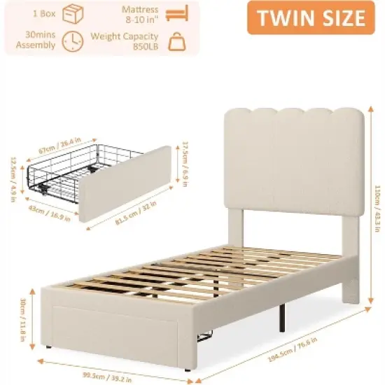 Twin Bed Frame with Under-Bed Drawer Storage &ndash; Velvet/Boucle Upholstered Wave Headboard for Girls, Wood Slat Support (No Box Spring), White/Pink image {1}