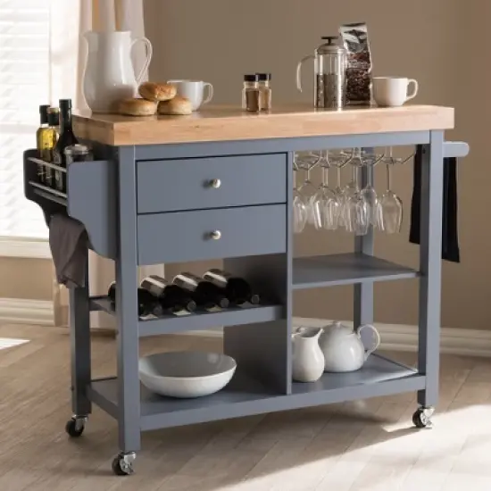 Sunderland Coastal and Farmhouse Natural Wood Kitchen Cart Gray, Light Brown - Baxton Studio image {4}